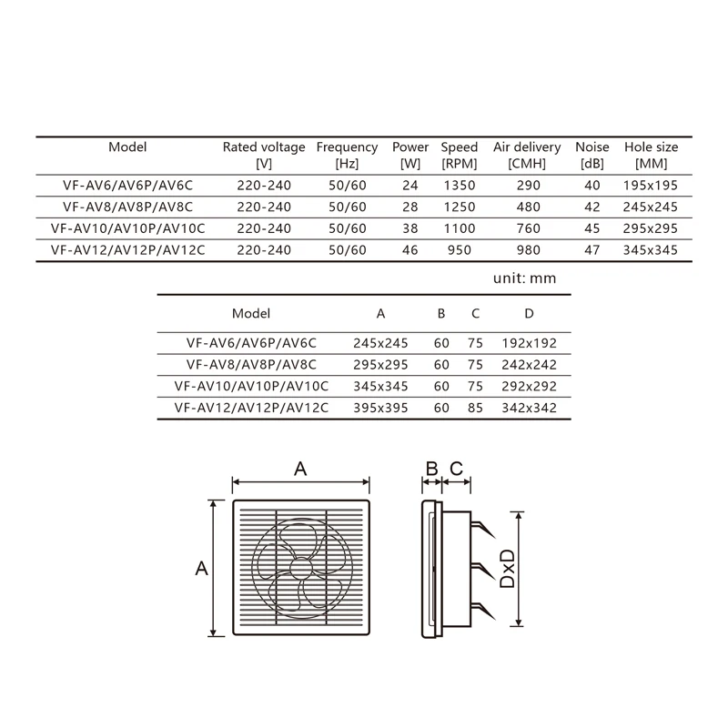Angega VF-AV-6/8/10/12 inch Semi-Metal Square Exhaust fan Wall mounted Bathroom Kitchen Ventilation Fan With Removavble Grill