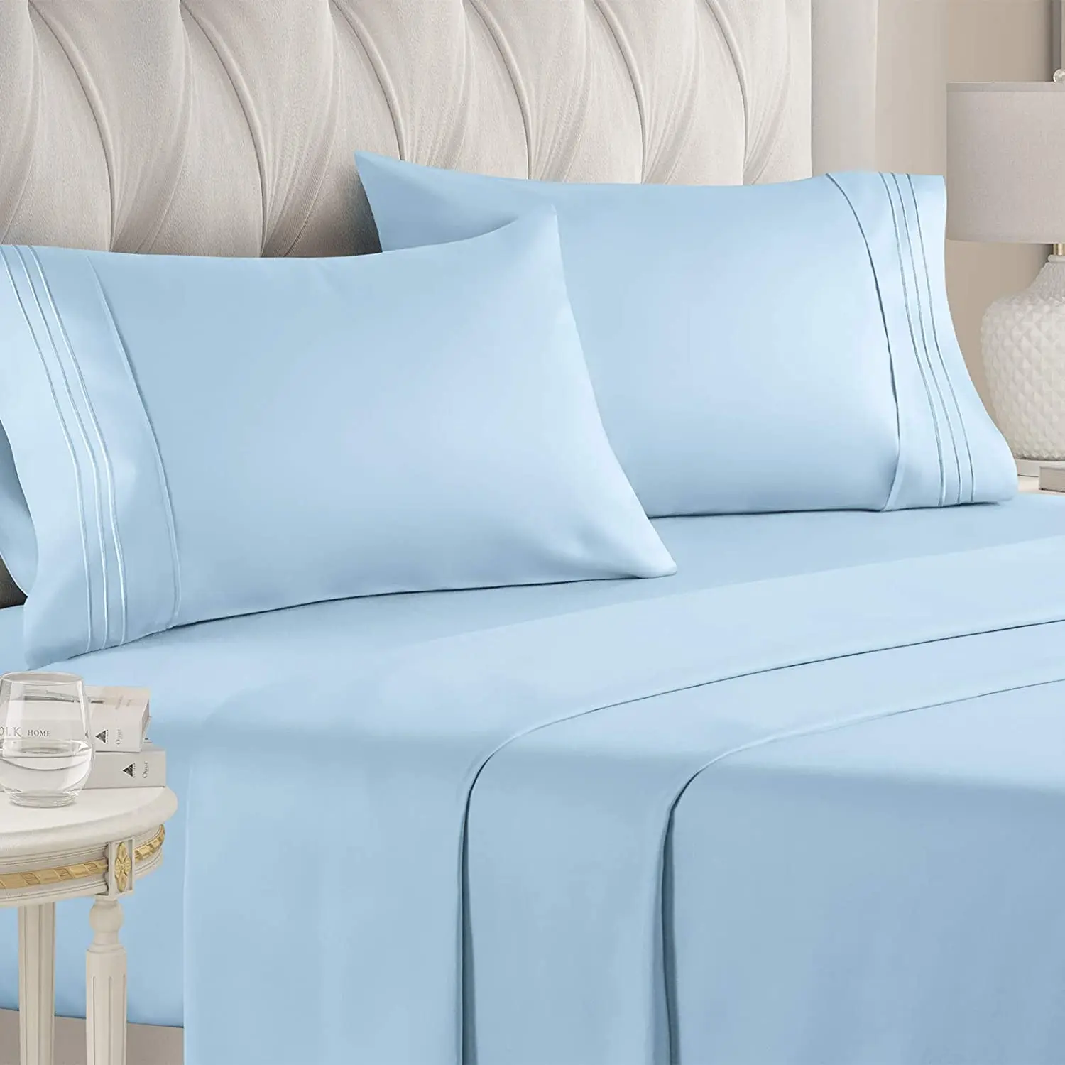 2000 Series Collection Brushed Microfiber Luxury 3 Lines Embroidery 4 Pieces Bedding Bed Sheet Set Sky Blue Queen
