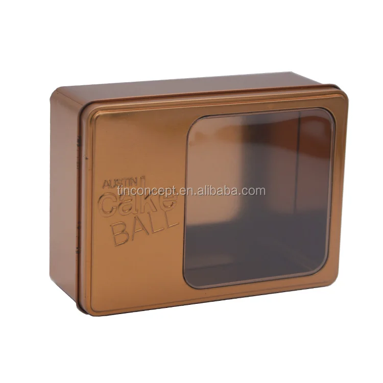 Modern Design Gold Hinged Lid Tin Box Window For Cake Ball
