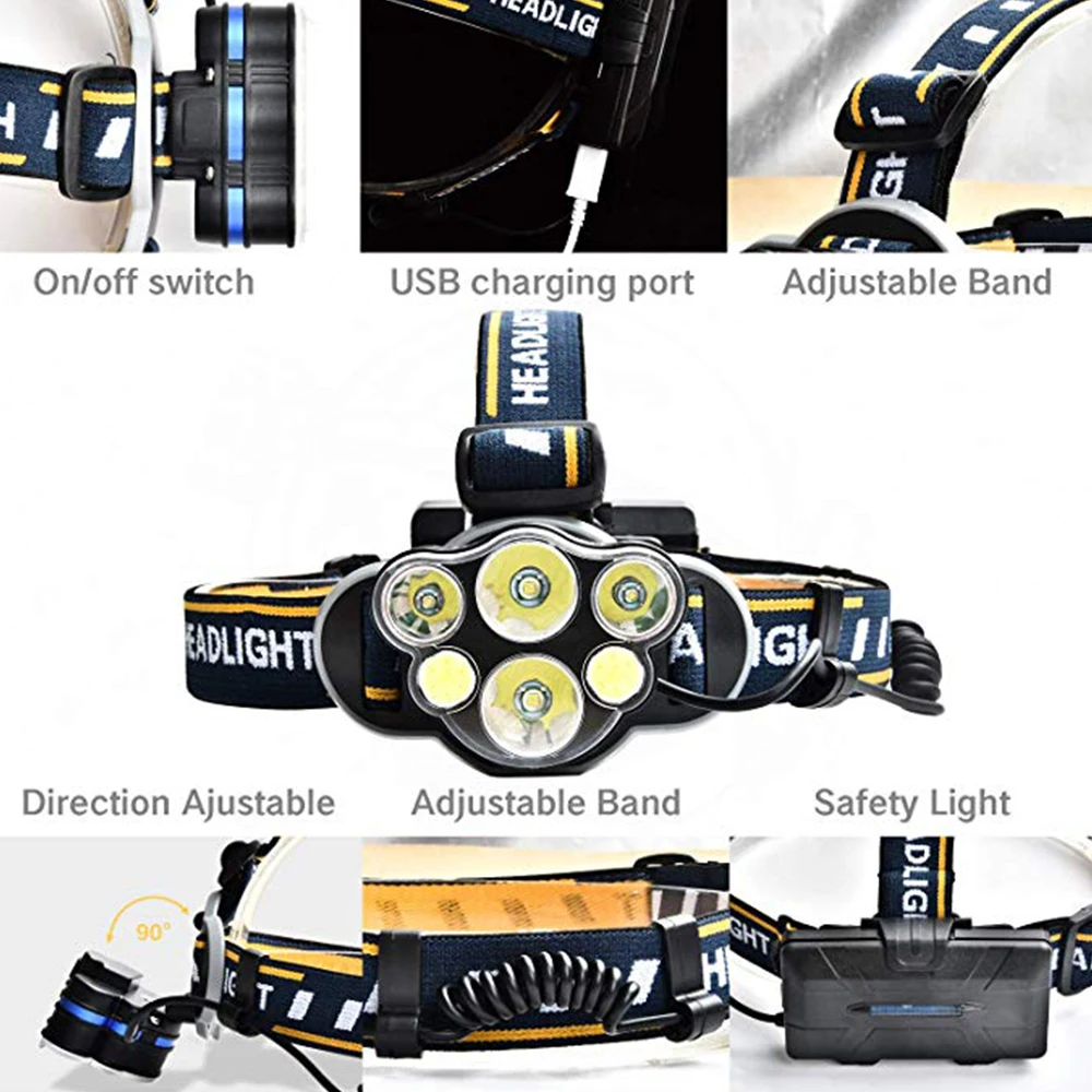6 Led Headlamp Flashlight USB Rechargeable Headlight Waterproof LED with 8 Modes Ultra Bright 12000 Lumens Head Torch Light