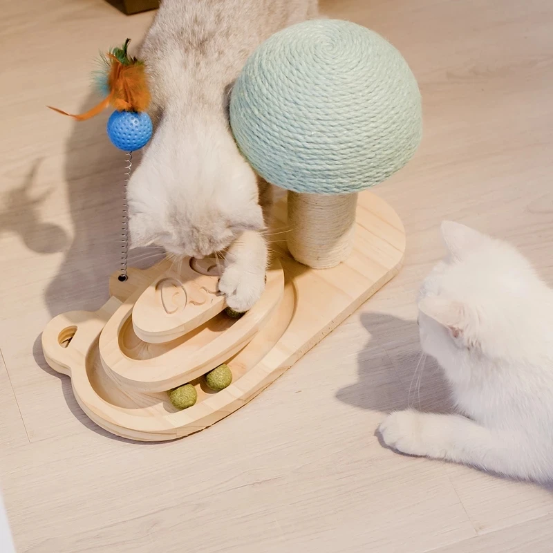 Wooden Cat Scratching Post Sisal Scratcher Toy Post with 2/3 Layer Tracks Spinning Large Cat Toys Turntable Interactive Balls