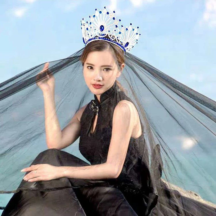 
High quality crystal pageant crowns big half round beauty queen diamond tall pageant crown for sale 