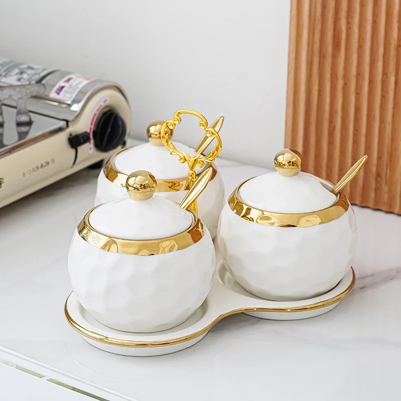 Luxury Kitchen Porcelain Sugar Salt Bowl Condiment Pot Seasoning Jar Box Ceramic Spice Set Jar With Spoon Tray