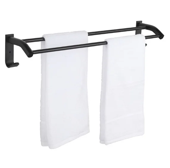 New Wall Mount Bathroom Accessory Aluminum Black Double Towel Bar Towel Rod Towel Rail with Hook