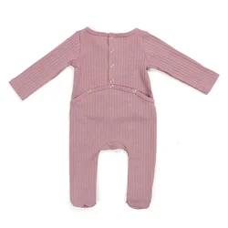 Newborn baby clothes long sleeves snap button opening back easy to change diaper knit cotton ribbed footie baby romper