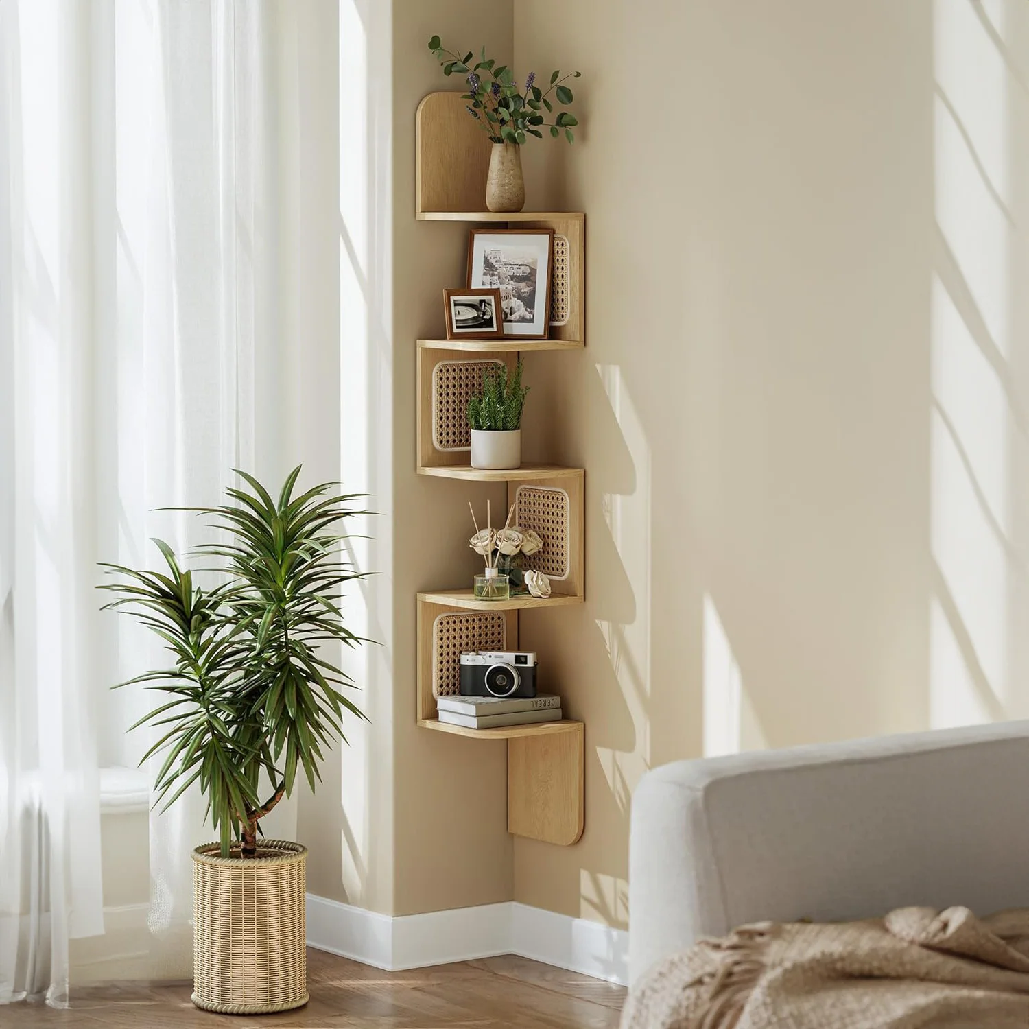 5-Tier Corner Shelf Zigzag Corner Shelf Unit PVC Rattan Sides Wall Mounted Floating Shelf