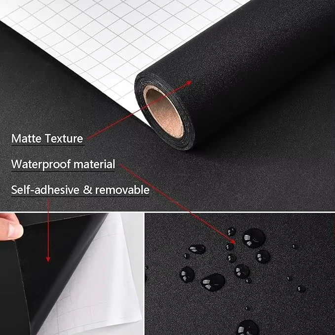 Matte Black Contact Paper Peel and Stick Kitchen Vinyl Wrap Self Adhesive Solid Wall Wallpaper for Living Room
