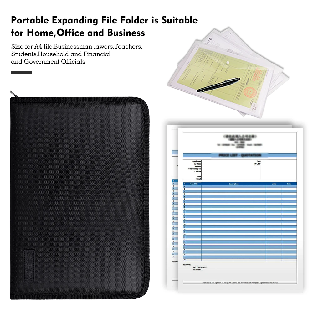 Black Expandable File Folder 24 Pockets A4 Size Papers Document Bag Fireproof File Collection Bag