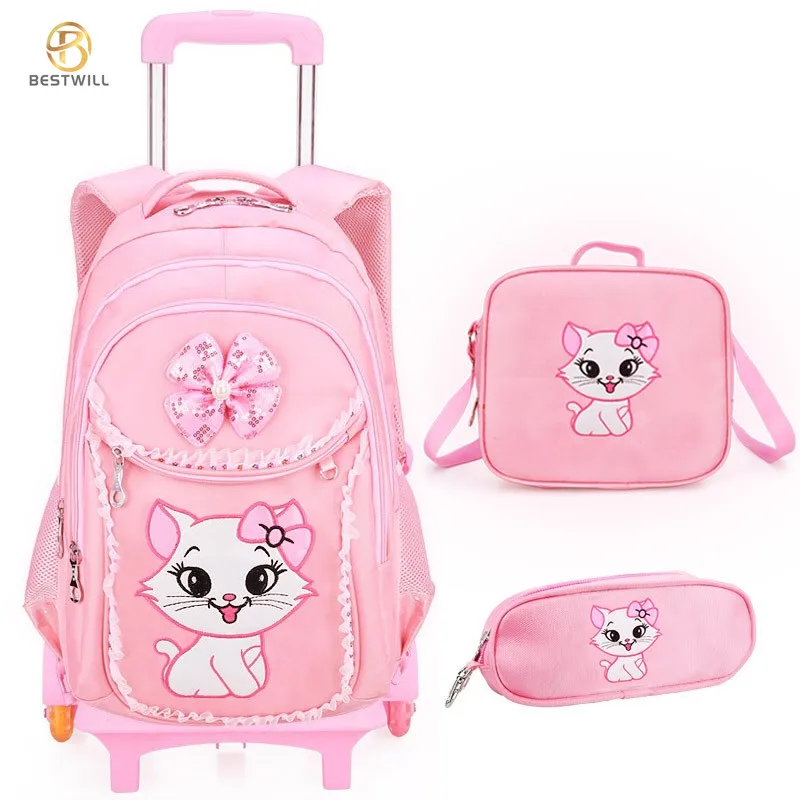 BESTWILL 3 in 1 Back to School Backpack Set School Bag Kids 2 Wheel Trolley Luggage School Bags for Girls (1600082454783)