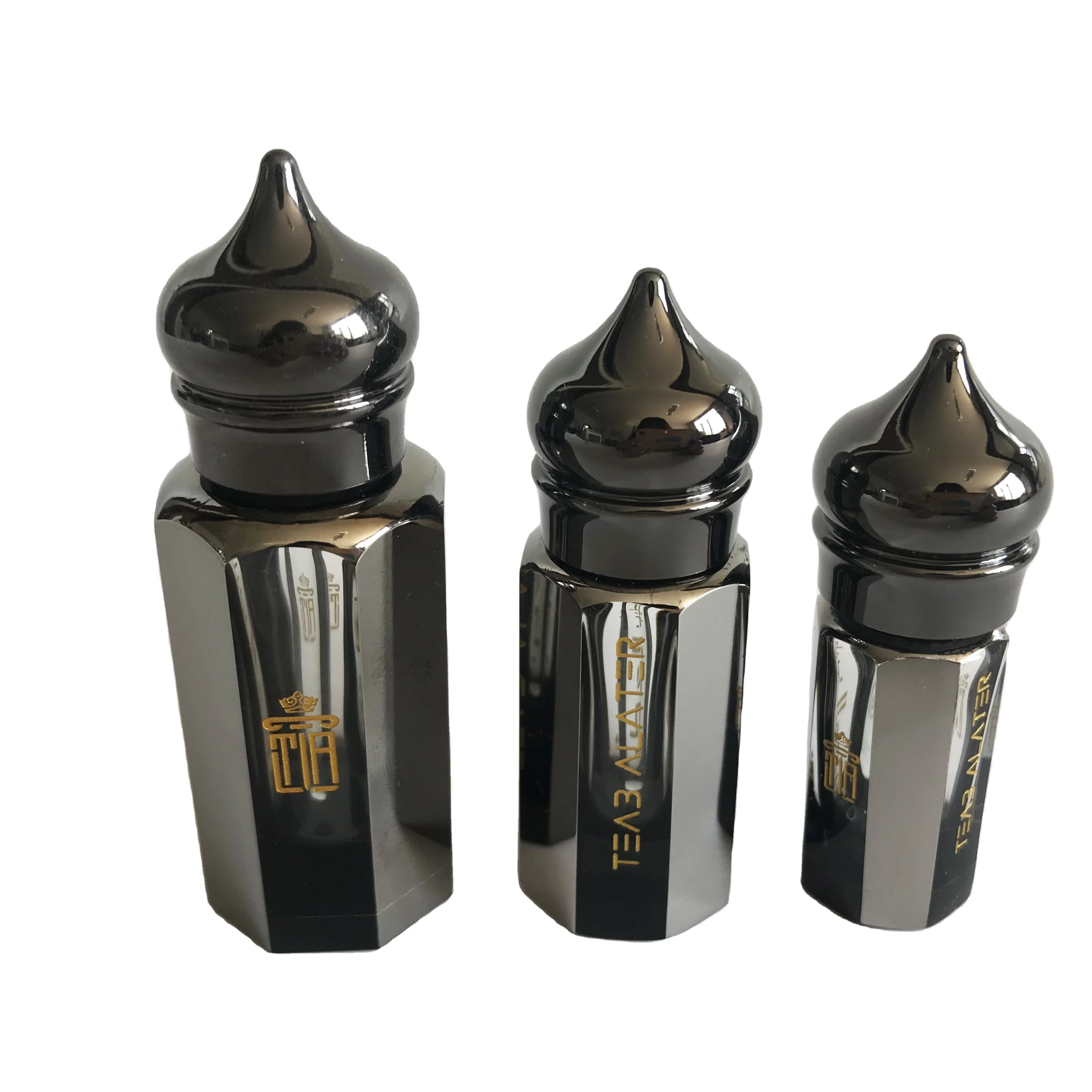 Роскошный черный покрытый восьмиугольной формы арабский стеклянный флакон с эфирным маслом Attar Oud с супер металлическими крышками и стеклянной палочкой