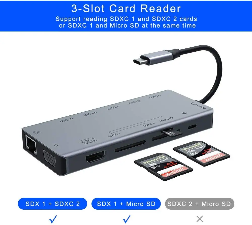  Raycue 13 в 1 адаптер тype C до 3 слота кард-ридер HD-MI VGA 2 * USB3.0 USB