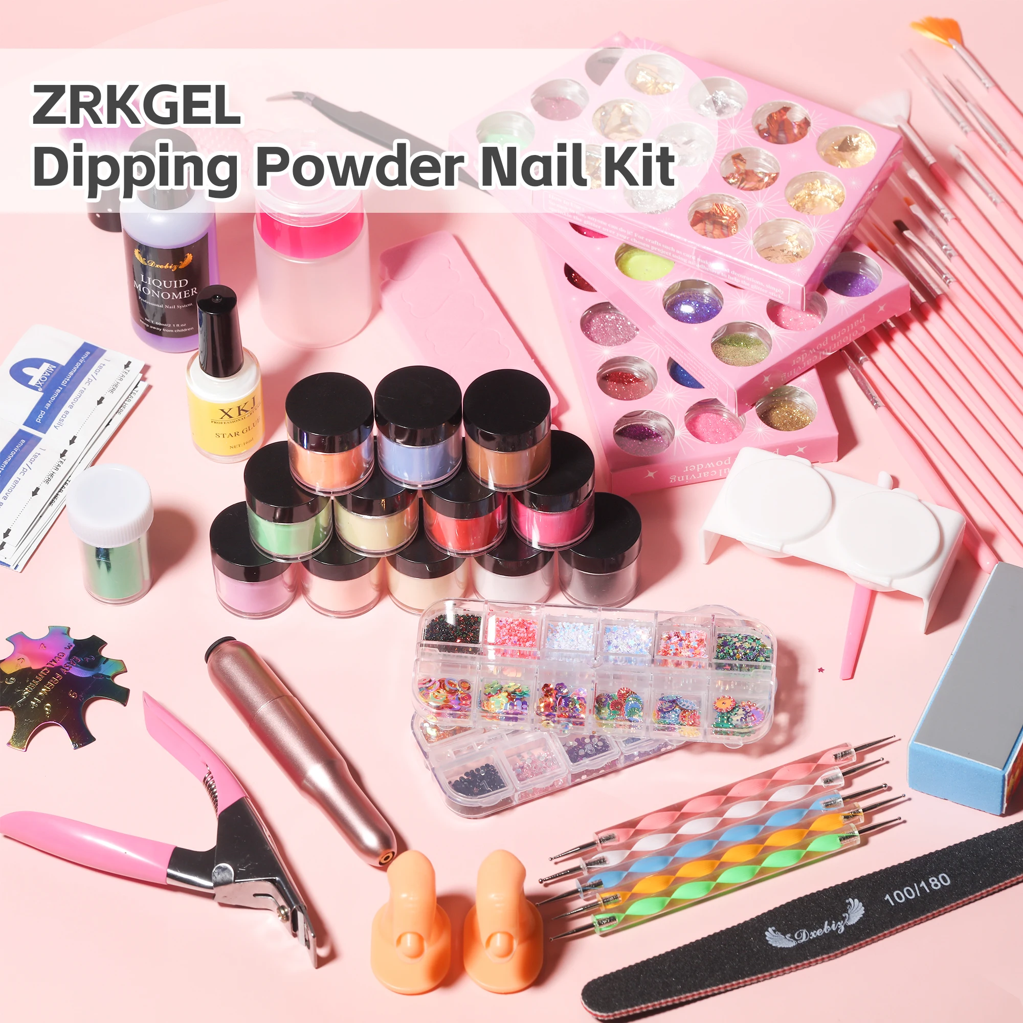 ZRKGEL Acrylic Color Set Dip Powder Glitter Decoration Nail Kit Set Professional Tools Diy Manicure nail art set  For Beginners