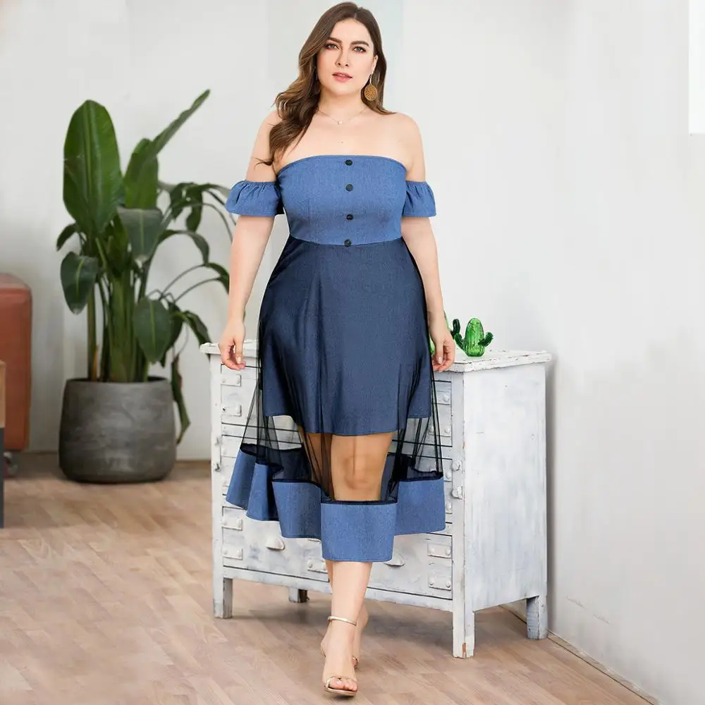 
Off Shoulder Wrapped Chest Short Sleeve High Waist Mesh Splicing Large Size Women Denim Dress 