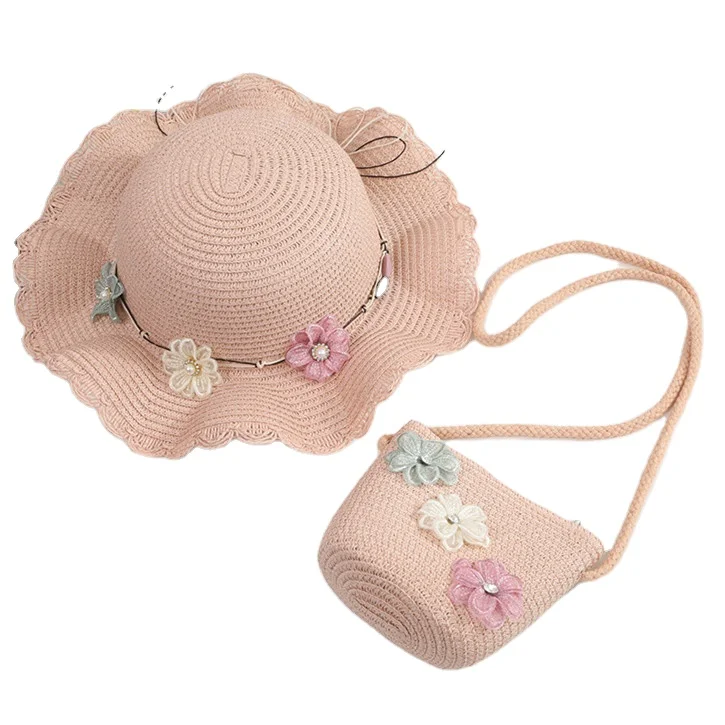 Wholesale Wide Brim Summer Baby Girls Straw Hats Lace Flower Princess Hat And Straw Bag Two-piece Sets Straw Beach Hat For Kids