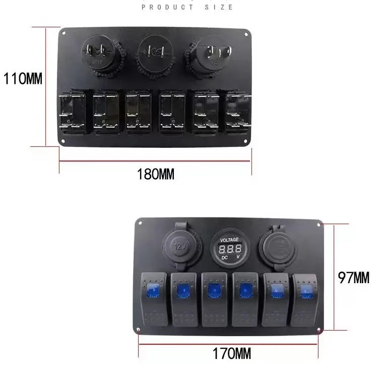 Waterproof 12V 24V 6 Gang Switch Aluminum Car Truck Switch Panel With Cigarette Lighter Adapter Dual USB And Voltmeter