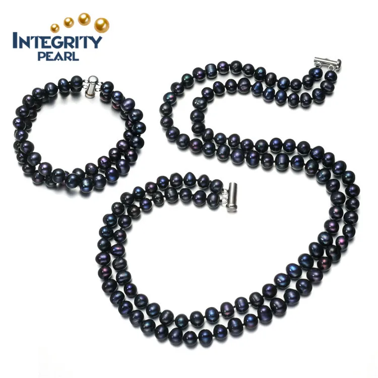 Freshwater pearl set jewelry 7-8mm AA potato two rows real freshwater pearl set