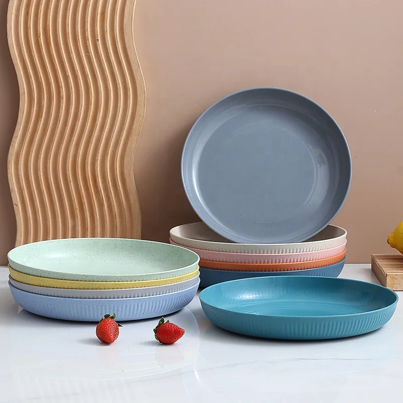 Eco Friendly Biodegradable Wheat Straw Fiber Meal Plate 6 Pcs/set Multi-color Optional Straw Plate Lightweight PP   Dinner Plate