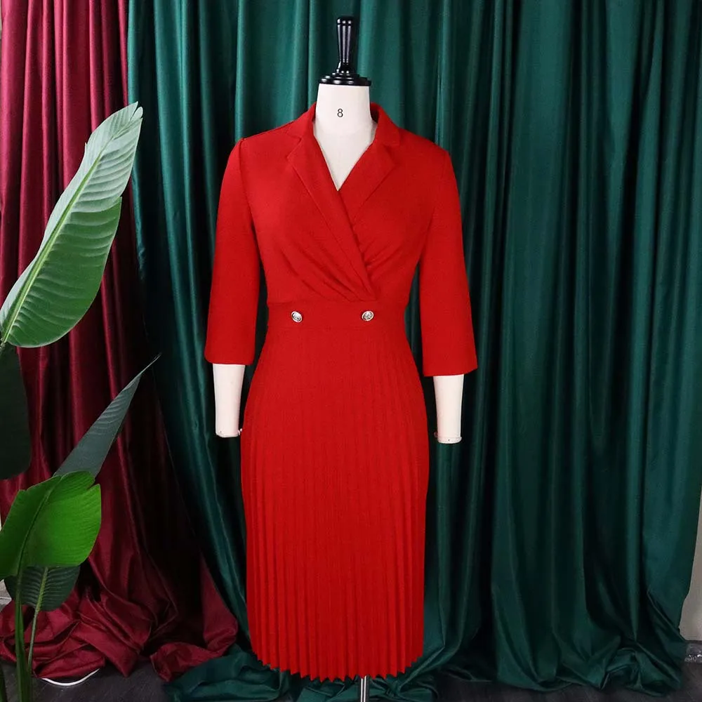 Autumn Elegant Suit Women Formal Work Career Dresses 2022 Pleated Dress Ladies Office Dresses