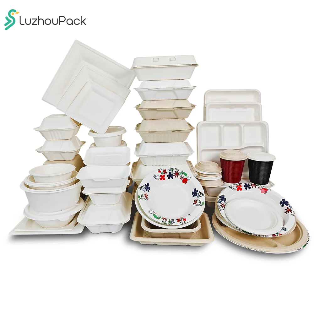 LuzhouPack 3 Compartments Biodegradable Disposable Dinnerware Sugarcane Bagasse Paper Appetizer Box with Lid Sauce Cup