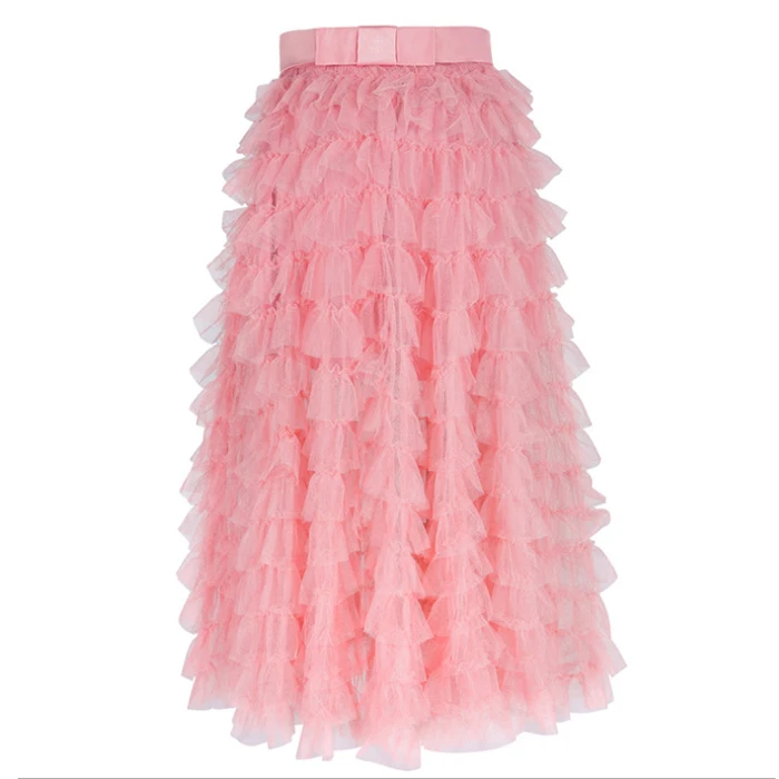 High Quality Toddler Girls Tutu Skirts Layered Ruffle Mesh Trim Birthday Wear Princess Party Long Skirts