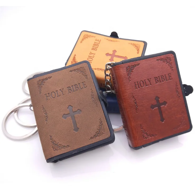 Steel Stainless Key Ring And Cross Chain Miniature  English Bible Religious Giveaway Gift PU Cover Mini Holly Bible Key Chain
