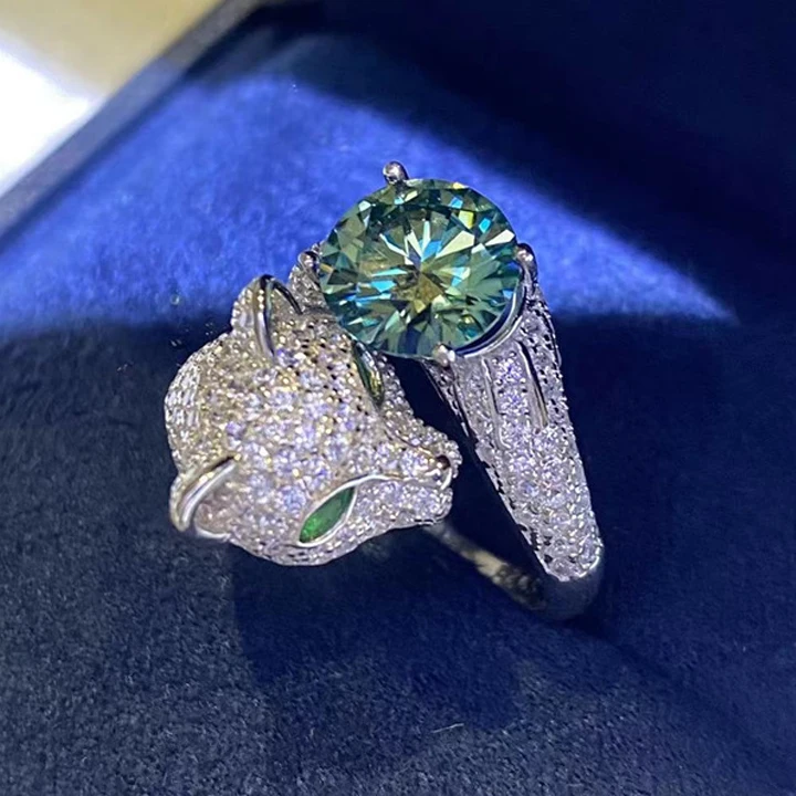 Etsy High Quality Hiphop Jewelry S925 Sterling Silver 2 Carat Green Colored Moissanite Leopard Head Diamond Adjustable Ring Women