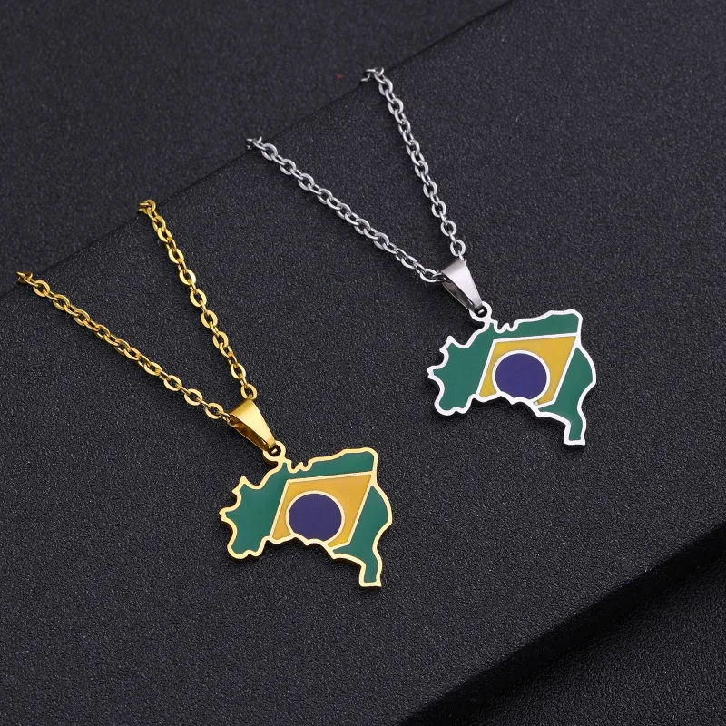 BINSHUO Wholesale Customize Stainless Steel Jewelry Gold Plated Colorful Oil Drop Enameled Brazil Map Shaped Pendant Necklace