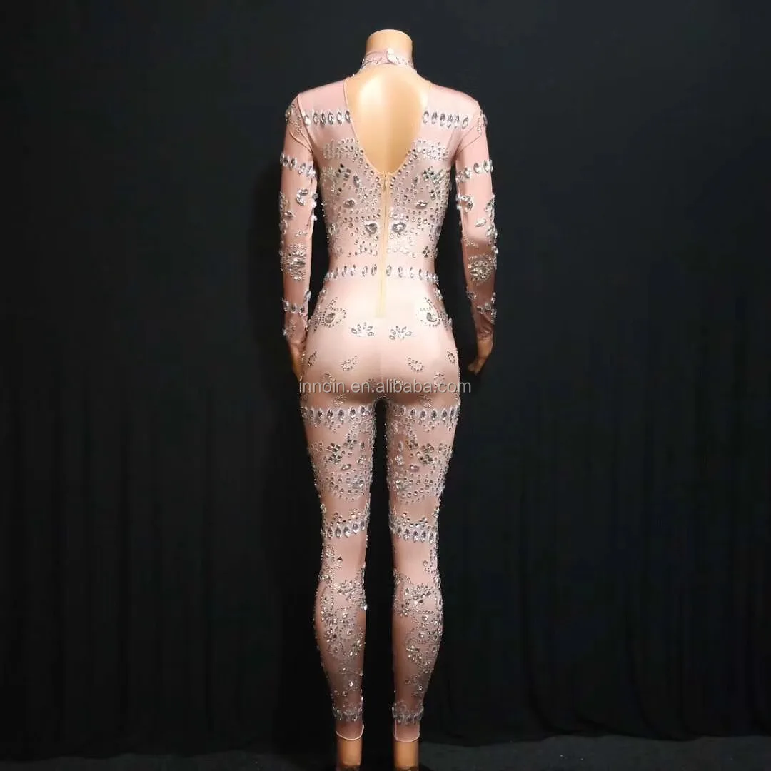 Women Ballroom Dance Costume Stretched Rhinestone Jumpsuit Crystal Siamese Drill Leotard Tights Disco Wear Outfit Singer DS