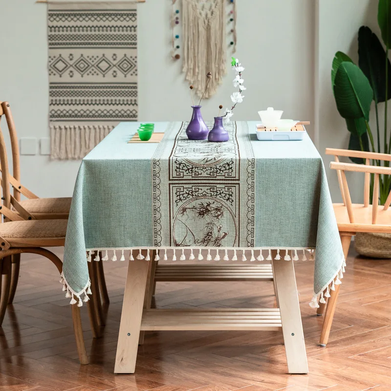 European style household cotton linen fabric tea table covers Nordic simple bamboo pattern embroidery  dining table cloth