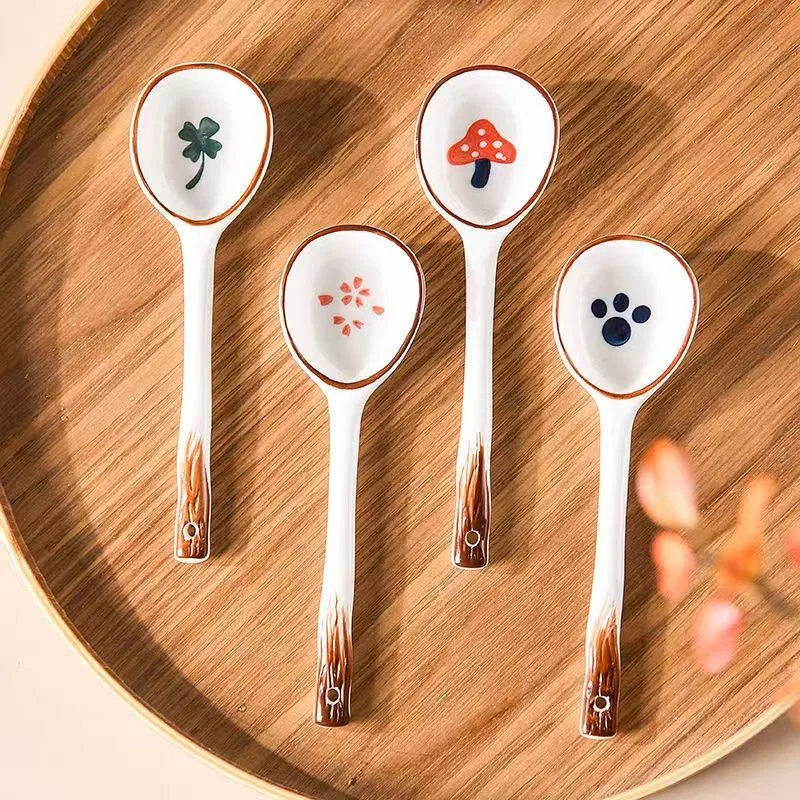 Handmade Retro Ceramic Soup Spoon Cute Personality with Simple Long Handle High Value Dinnerware for Household Use
