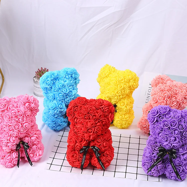 High Quality Artificial PE 25CM Colorful Red Rose Bear Teddy Bear Rose With Ribbon Valentine Day Gifts