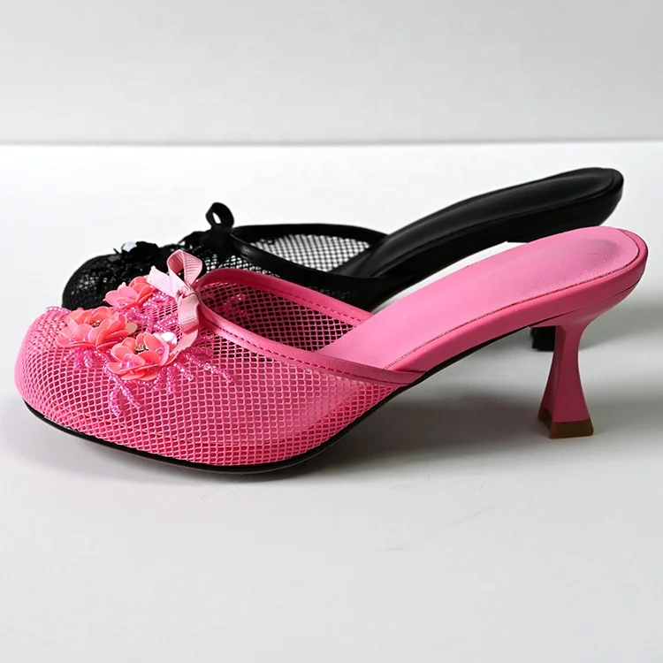2024 Custom round toe luxury high heel sandals women pvc net flowers slippers heels