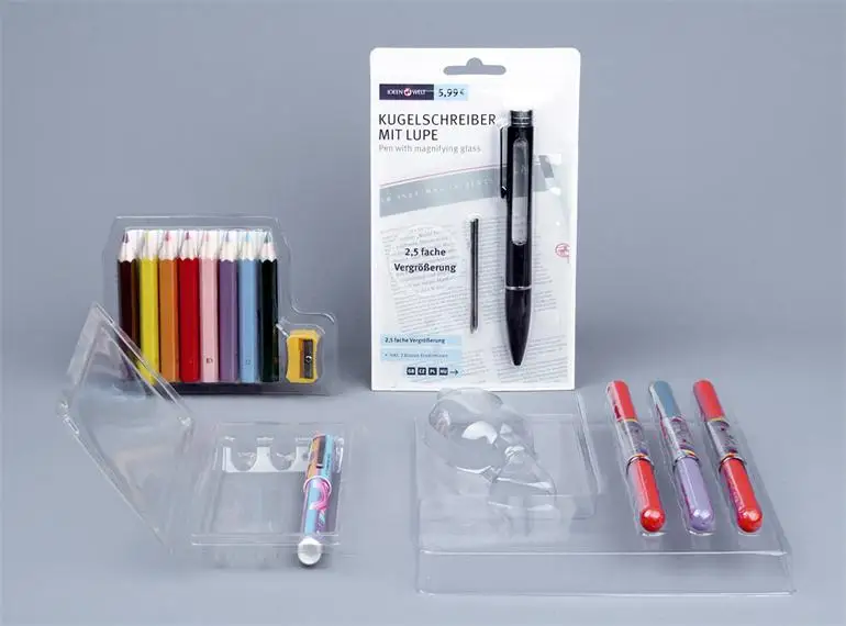 customizable blister tray plastic sliding card clamshell transparent packaging box with hanging hole for stationery