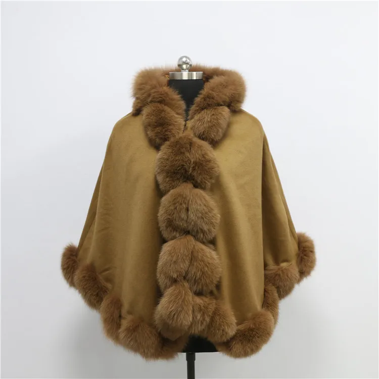 
custom color and size accept MOQ 1pcs women cashmere fur cape ladies real fur trimmed poncho twist fur cape 