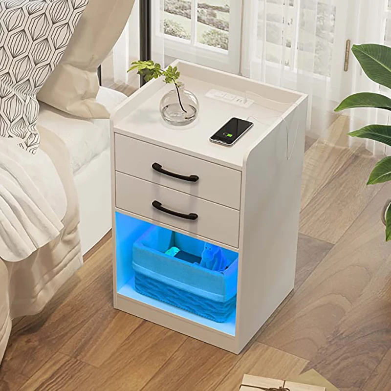 Bedroom Furniture Nightstand Storage Drawer Side Table Wooden Night Stand Cheaper Bedside Tables with Charging Station LED Light