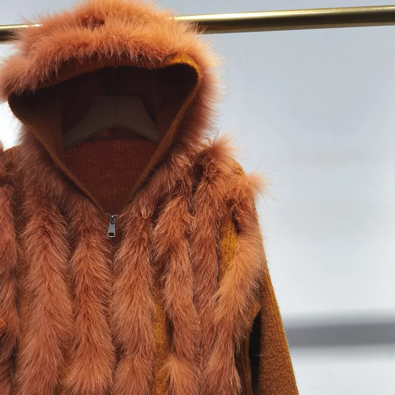 Women Autumn Real Fox Fur Trim Knitted Hooded Cardigans Female Long Sleeve Loose Sweater With Hood Plus Size Open Stitch