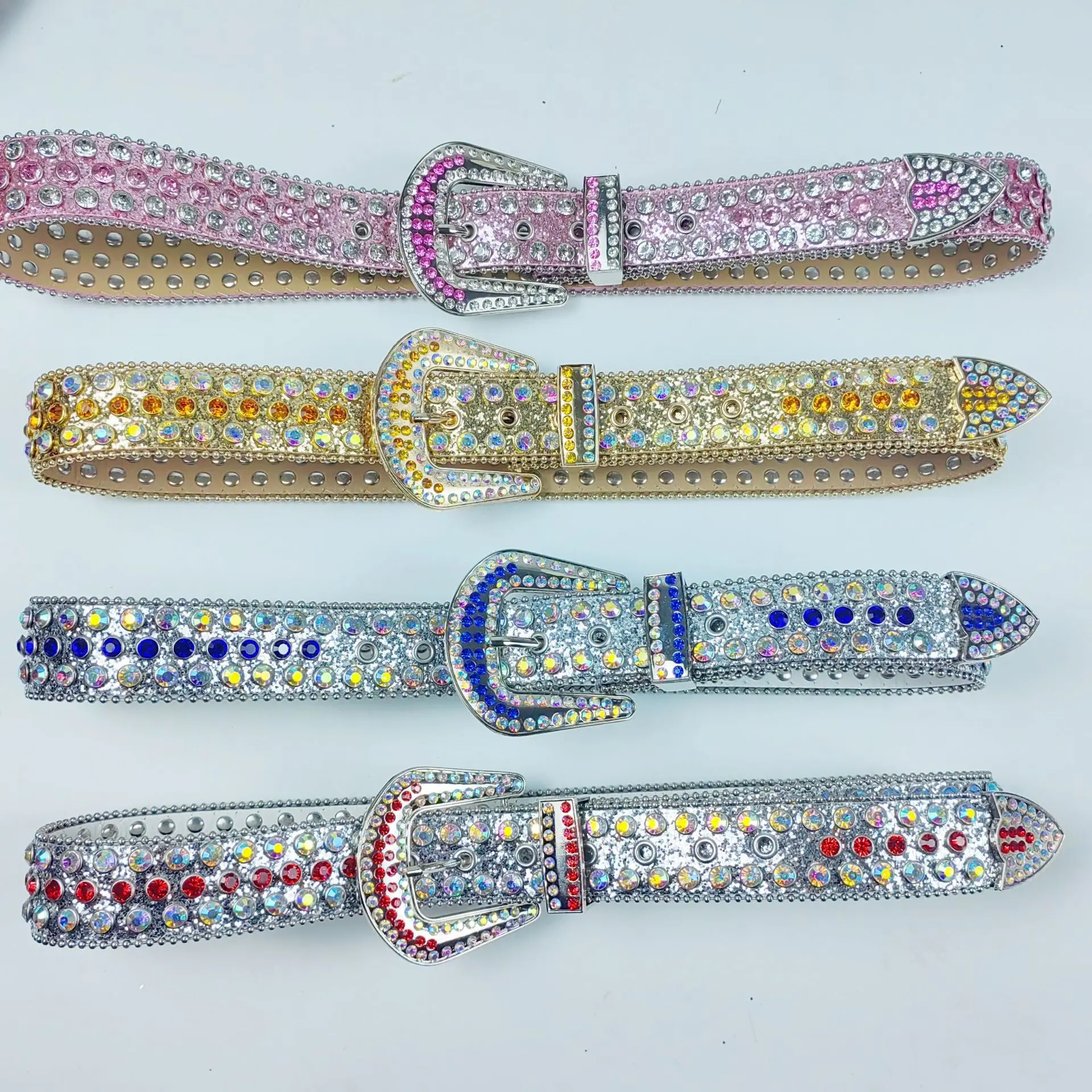 Designer new arrival royal crown buckle leather rhinestone belt luxury punk studded purple diamond belts for women men