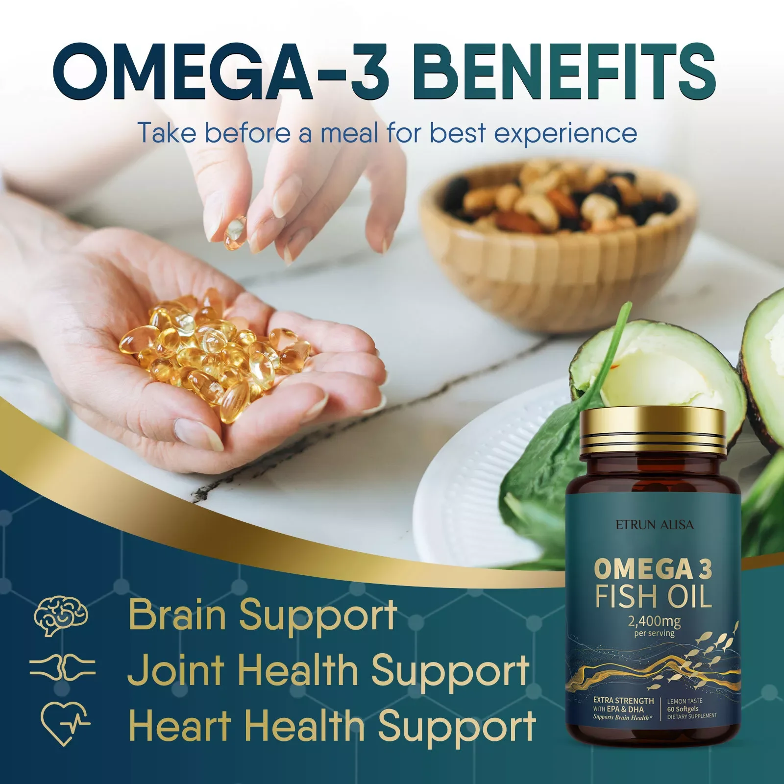 ETRUN ALISA OEM Omega -3 Fatty Acids 2400mg Fish Oil Softgel Daily Dietary Supplement Capsules