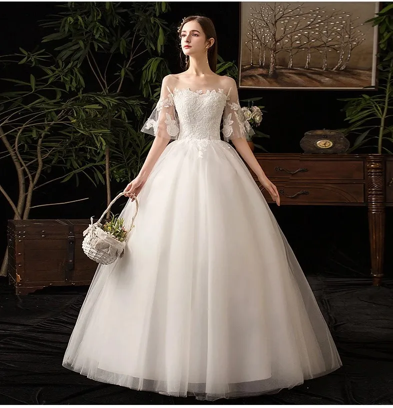 Elegant A-line bell sleeve Floor-length Bridal Gown white Organza Wedding Dress