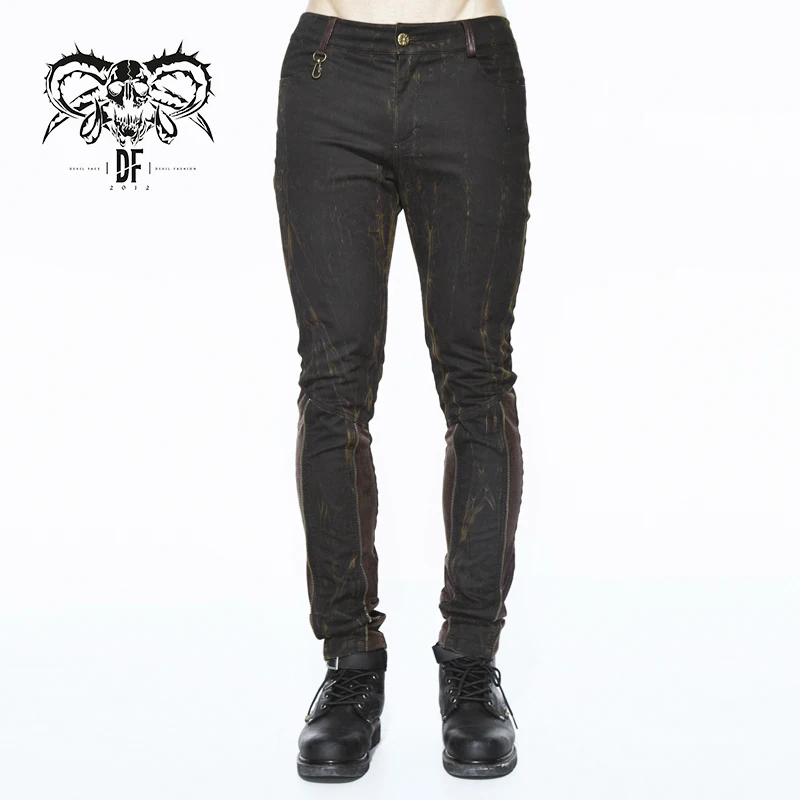 PT079 Devil fashion detachable leather bag brown men steampunk slim trousers