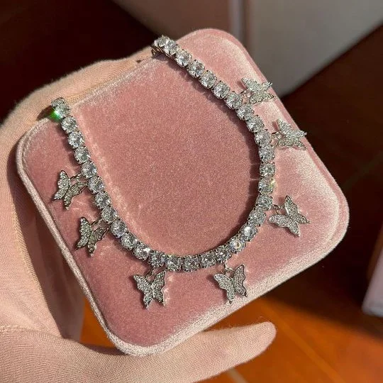 trendy women delicate tennis chain choker necklace silver brilliant shining cubic zirconia diamond butterfly charms necklace