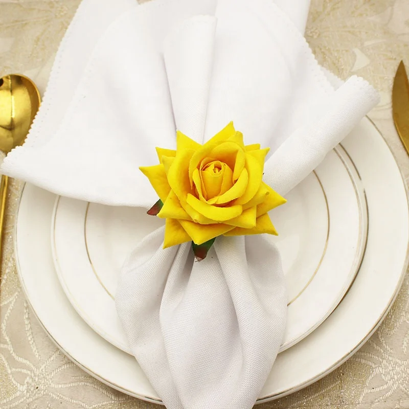 Newest Yellow Rose Flower Napkin Rings Gold Wedding Napkin Rings Holder Handmade Cloth Napkin Rings HWW01