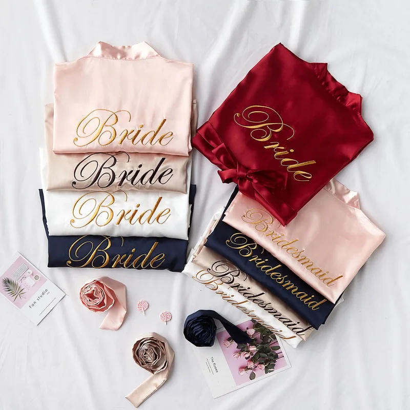 2023 Custom Logo Silk personalized Embroidery robe satin women wedding Bride and Bridesmaid RobesHot