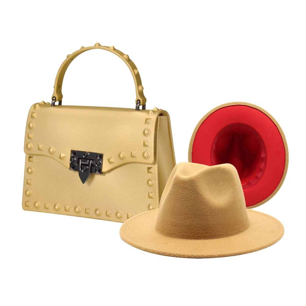 2021 Designer PVC Jelly bag matching hat ladies Matte Rivet HandBags high quality fedora hats and purse Set