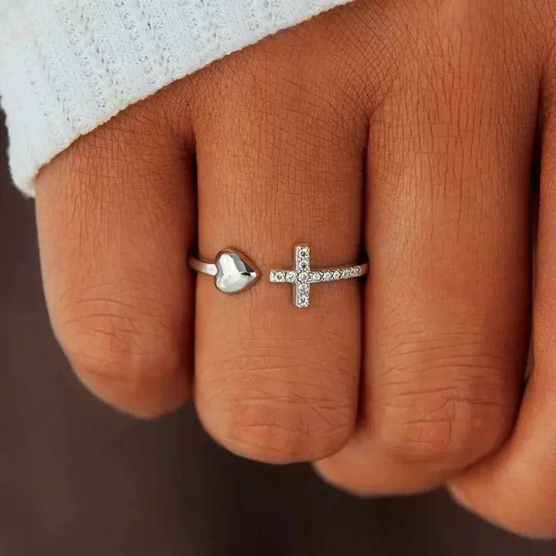 Wholesale Platinum Plated Women Christian Cross Adjustable Wedding Ring Simple Heart Shape Open Diamond Ring