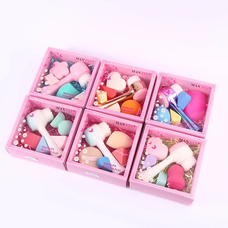 Customize Logo Soft Silicone Double Face Brush Super Soft Non - latex Sponge Diagonal Cut Beauty Egg Makeup Puff Set