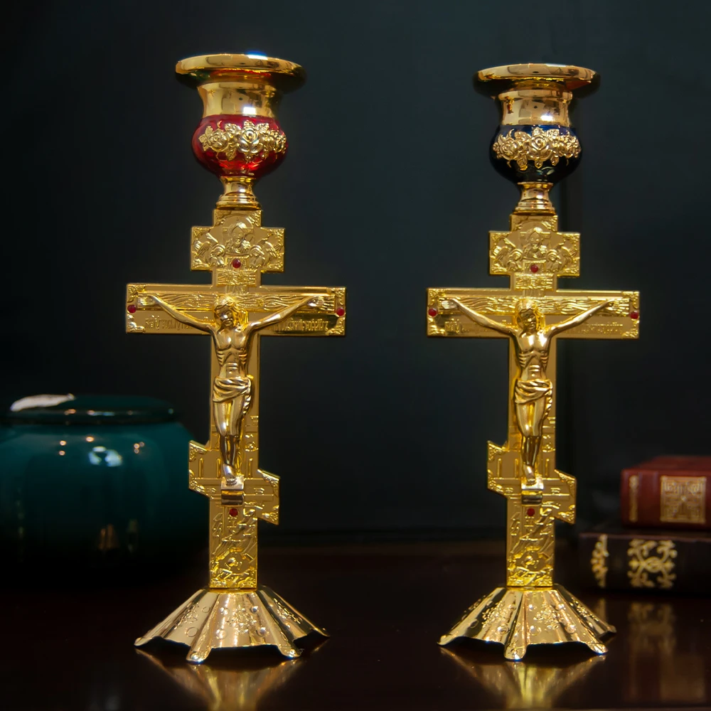 HT Gold Plated Candlesticks Church Jesus Crucifix Candle Holders with Round Base and Floral Design