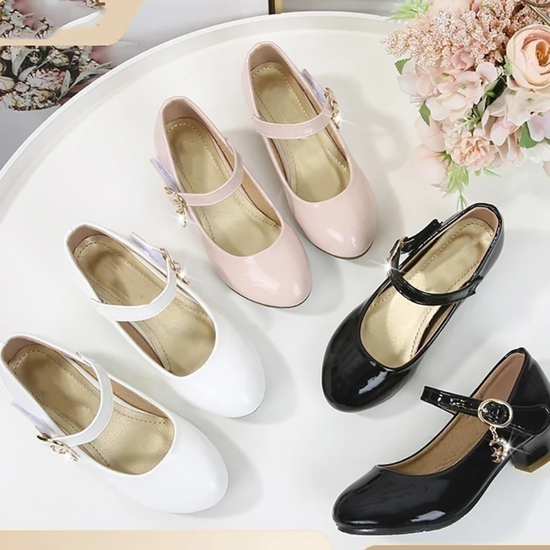 2024 Four Seasons British Campus Student Dress Shoes Girls High-Heeled Small Leather Single Shoes High-Heeled Children Shoes