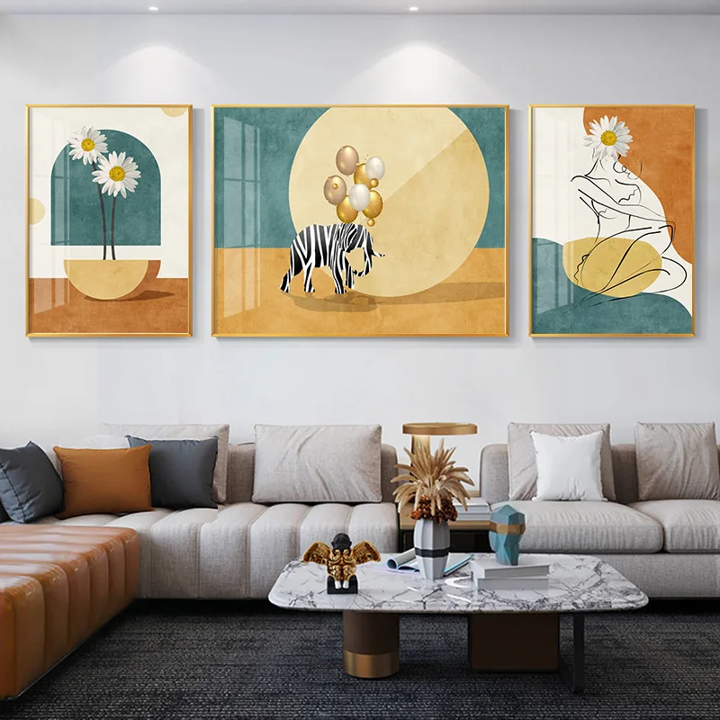 Elephant living room sofa background wall decorative painting modern simple triptych hanging painting Nordic creative mural
