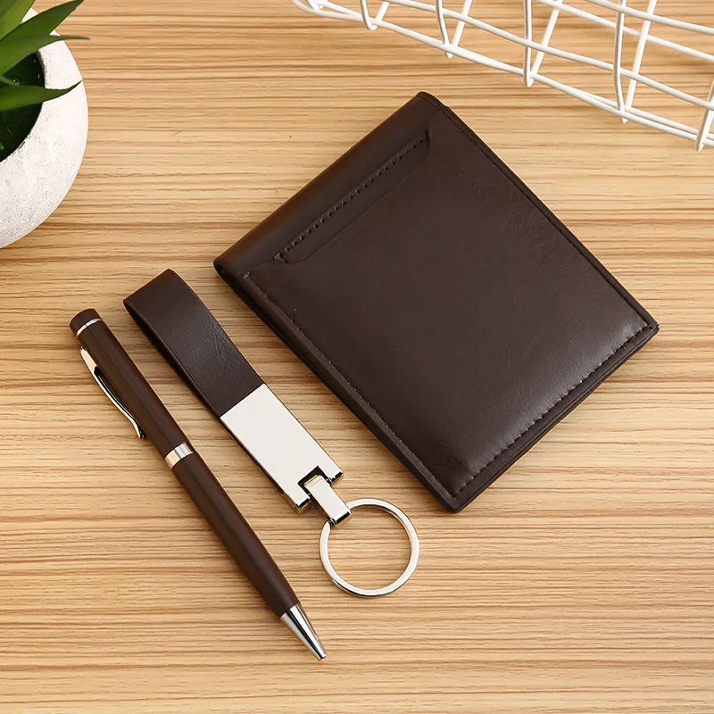 Promotional office business custom logo giveaway souvenir Men wallet pen keychain set box corporate gift set